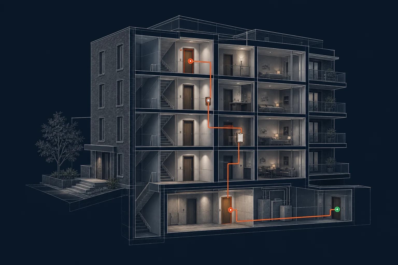 Conceptual cutaway of a residential building connected by one evidence thread from inspection to closure.