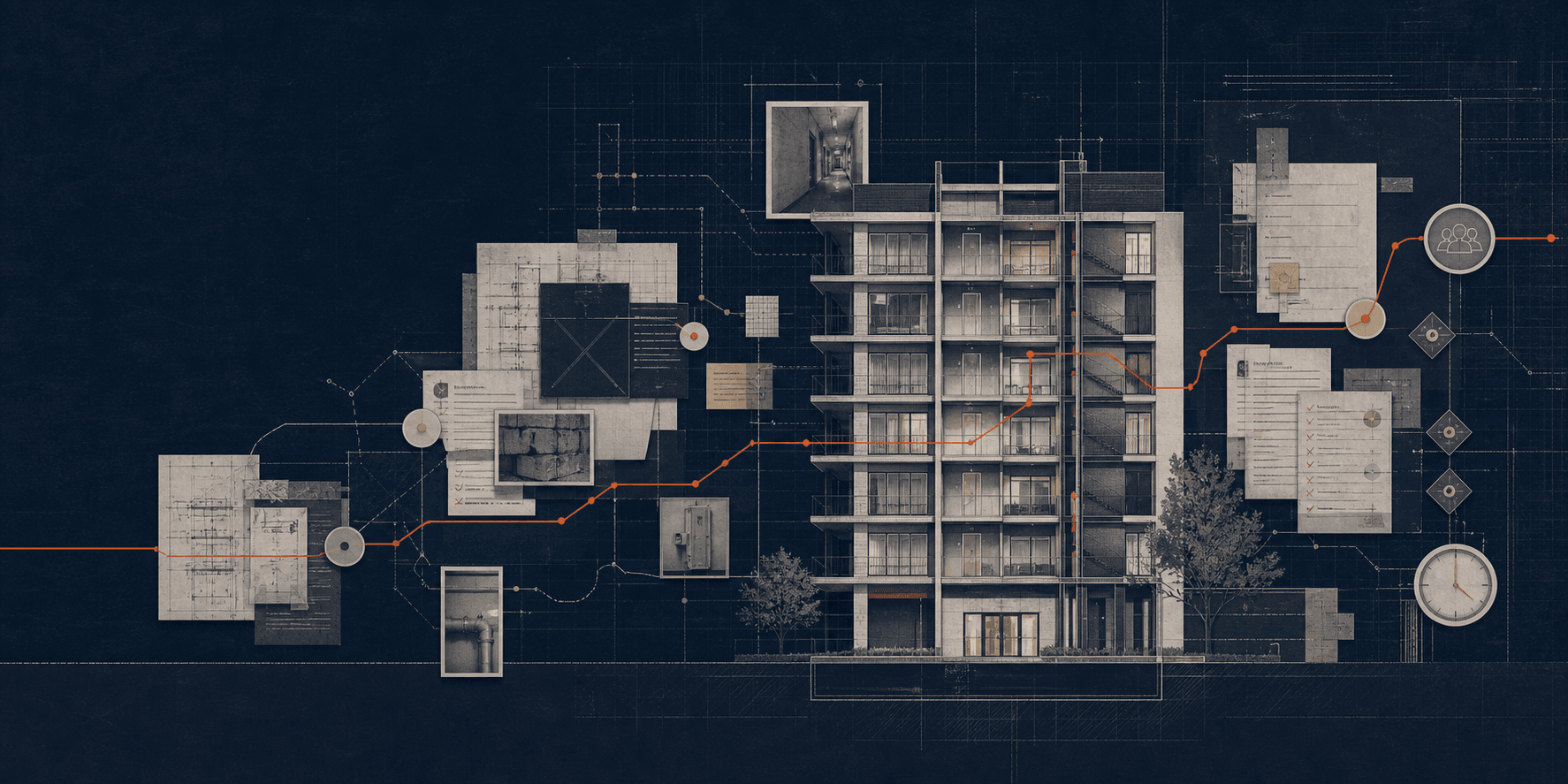 Conceptual architectural illustration showing fragmented inspection records, evidence and responsibility markers converging around one persistent residential building, with one continuous Ember thread connecting them.
